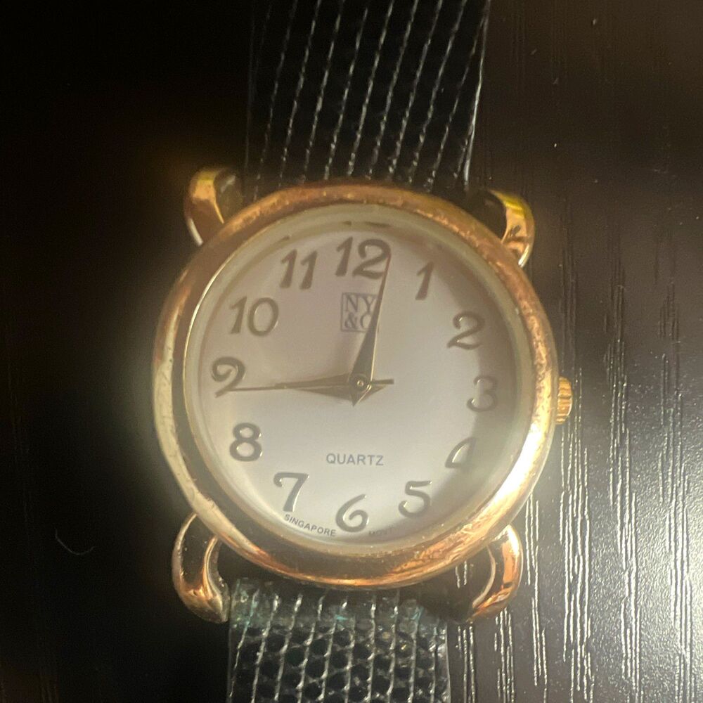 NY & Co Women’s Quartz Analog Dress Watch Gold Round White Dial Black Leather
